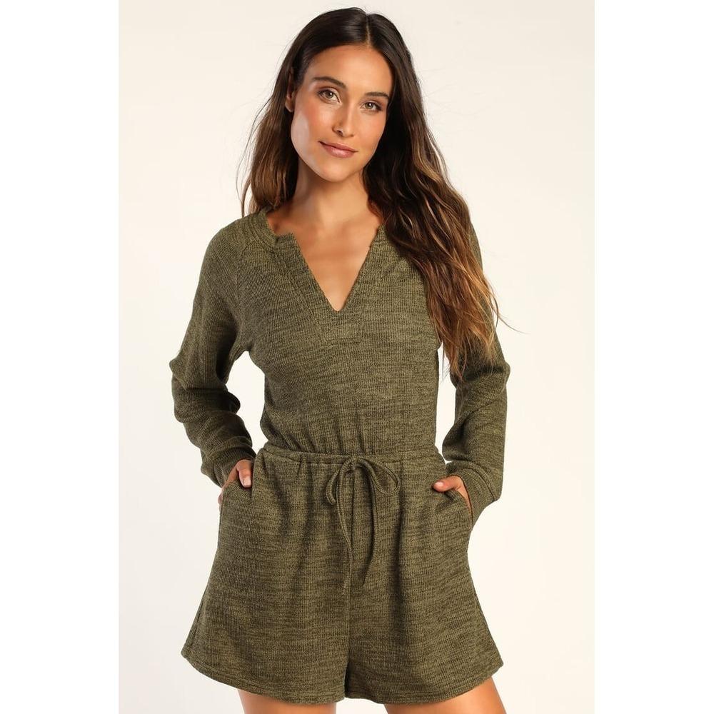 Lulus Womens Olive Green Long Sleeve Knit Romper Drawstring Waist Pockets Size M